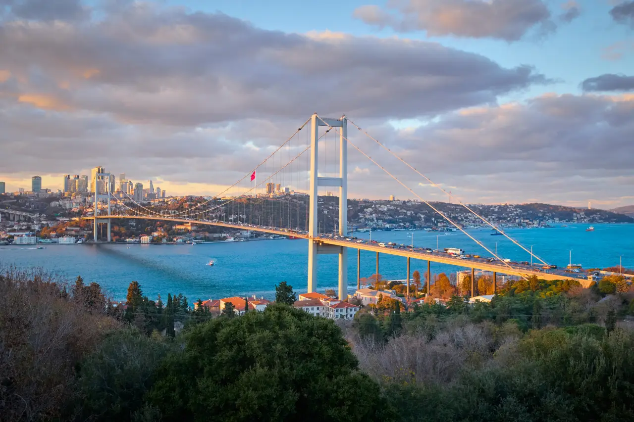 Air Europa Launches Istanbul-Madrid Route With Dreamliner Service 12 Bosphorus Bridge in Istanbul, Turkey, spanning the strait with a city skyline and the blue waters of the Bosphorus in the background.