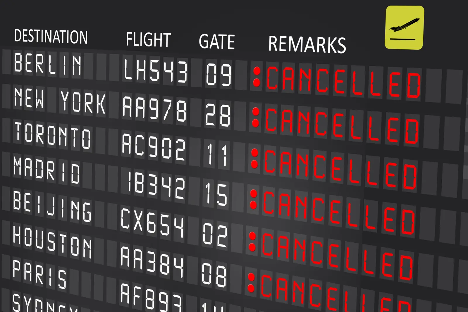 An airport departure board showing multiple canceled flights in red text, indicating widespread travel disruptions.