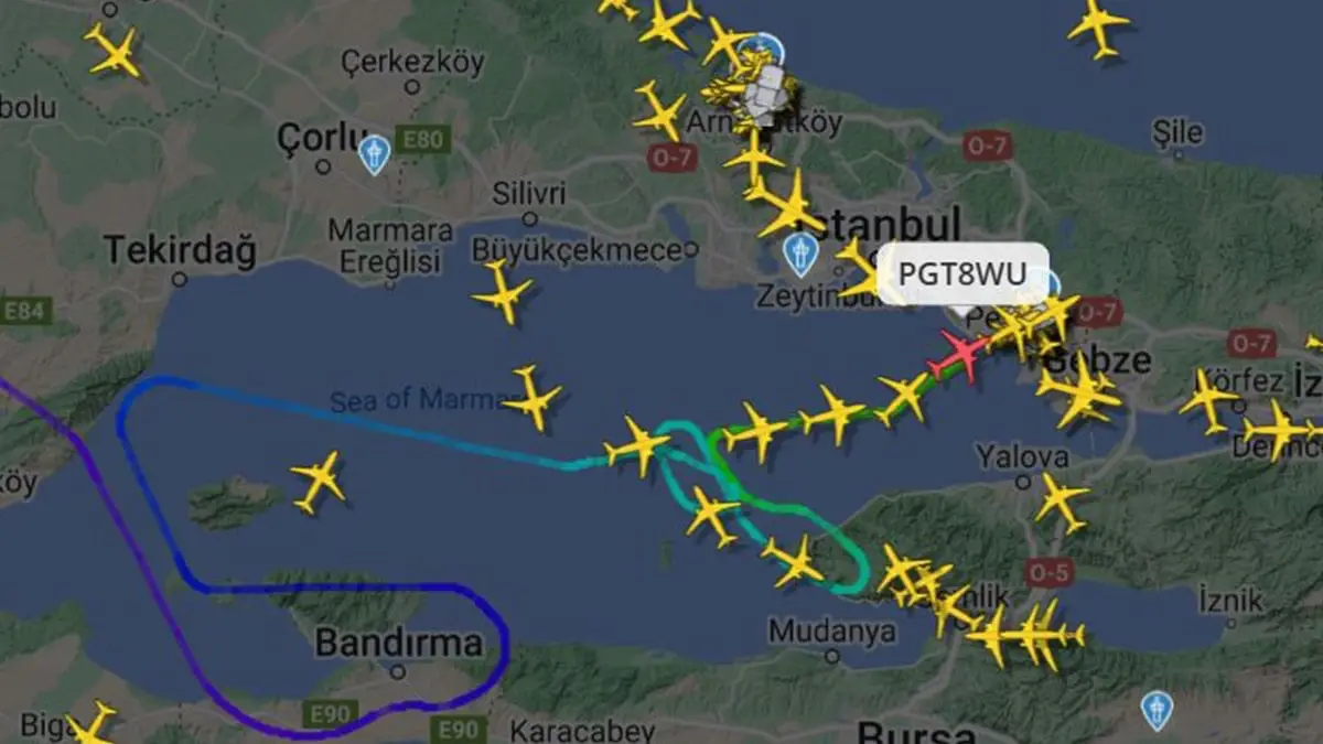 Flight tracking map showing multiple aircraft holding patterns over Istanbul due to severe weather conditions.