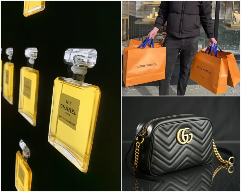 A collage featuring luxury shopping items, including Chanel No. 5 perfume bottles, a person holding multiple Louis Vuitton shopping bags, and a black Gucci Marmont handbag with gold chain detailing.