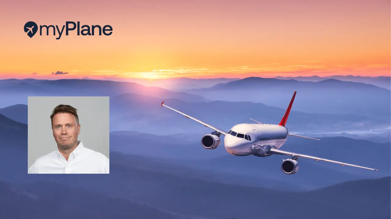 Airplane flying over mountains at sunrise with the myPlane logo and a portrait of Juuso Klemola, co-founder of myPlane.