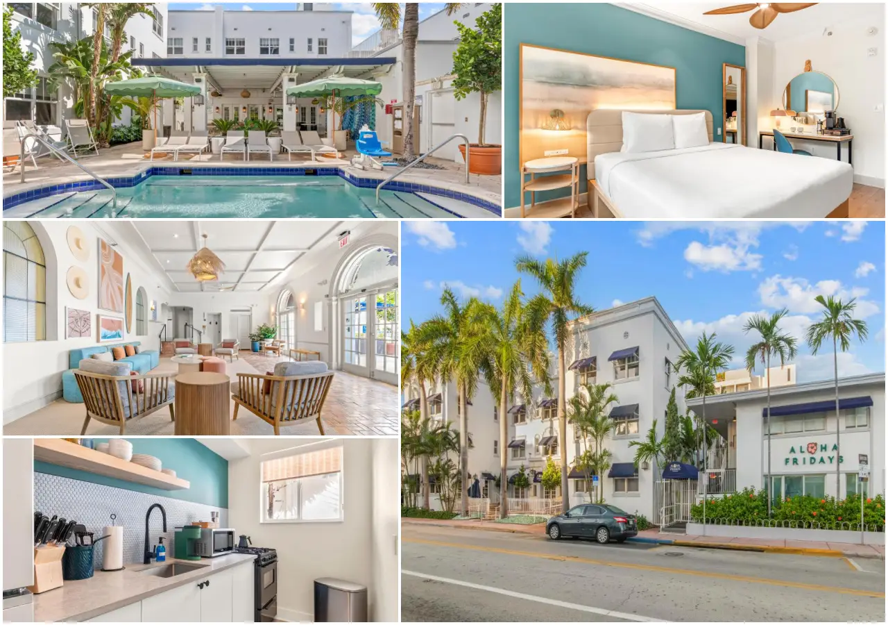 21 Brilliant New Hotels In Florida You’ll Want To Book In 2025 11 Collage of Aloha Fridays hotel in Miami Beach featuring poolside lounge chairs, guest room, bright lobby, full kitchen, and exterior view.