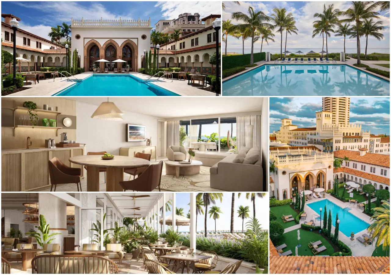 21 Brilliant New Hotels In Florida You’ll Want To Book In 2025 4 Collage of luxury hotel scenes at the Beach Club at The Boca Raton featuring pools, guest suites, dining areas, and Mediterranean-style architecture.