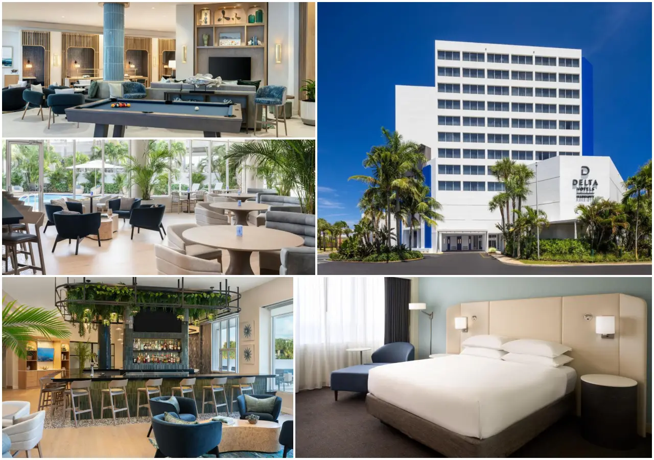 21 Brilliant New Hotels In Florida You’ll Want To Book In 2025 24 Modern interiors and amenities at Delta Hotels by Marriott West Palm Beach, including guest rooms, bar, pool lounge, and exterior view.
