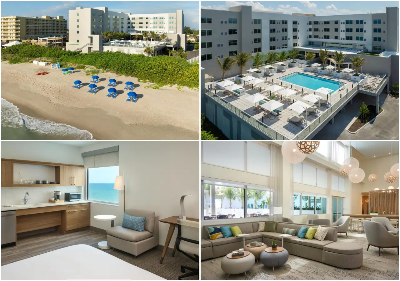 21 Brilliant New Hotels In Florida You’ll Want To Book In 2025 9 Collage of Element Melbourne Oceanfront hotel showcasing the beachfront, rooftop pool, ocean-view guestroom with kitchen, and modern lobby lounge.