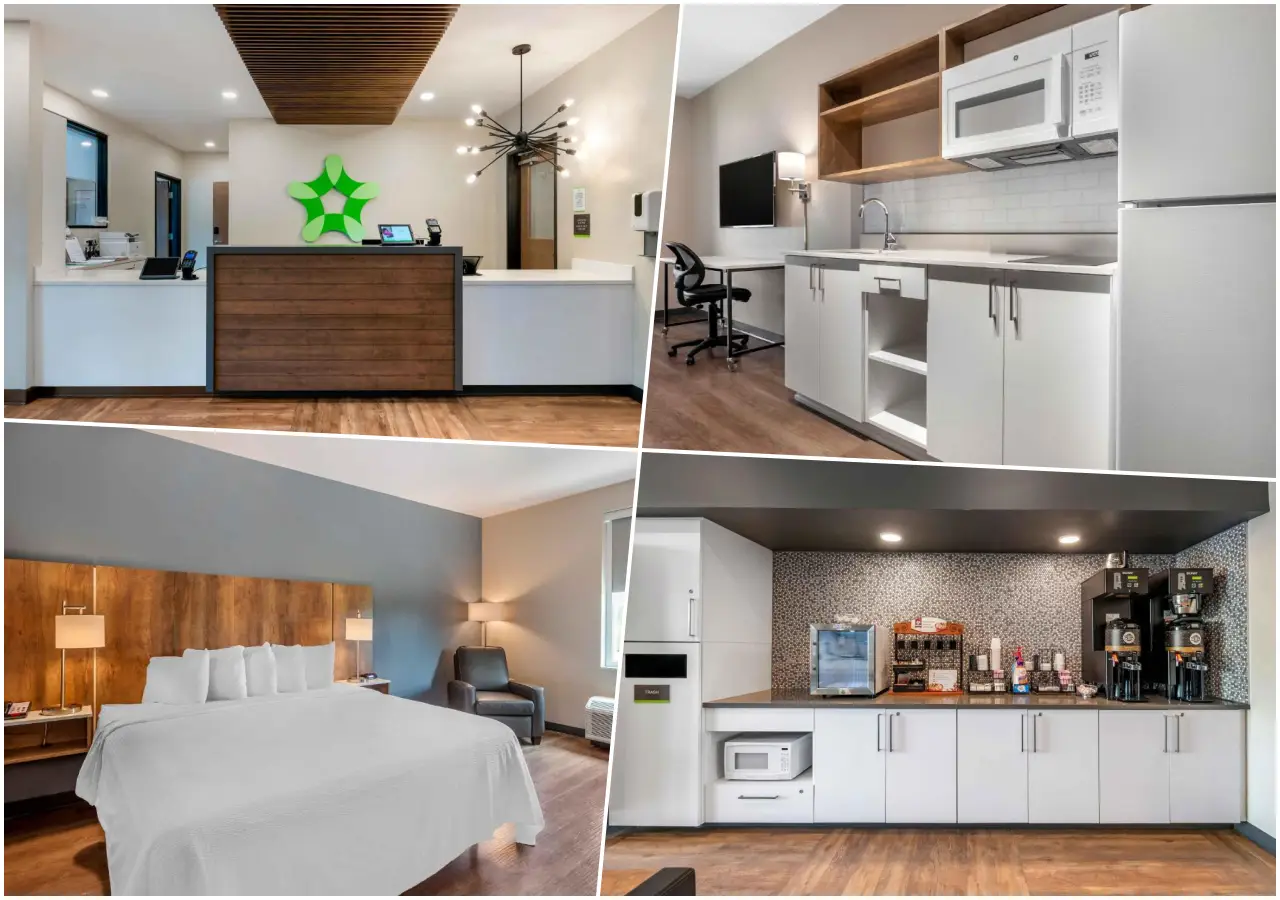 21 Brilliant New Hotels In Florida You’ll Want To Book In 2025 3 Modern interiors of the new hotel in Florida; Extended Stay America Premier Suites in Bradenton, Florida, featuring a stylish lobby, kitchenette, cozy bedroom, and breakfast area.