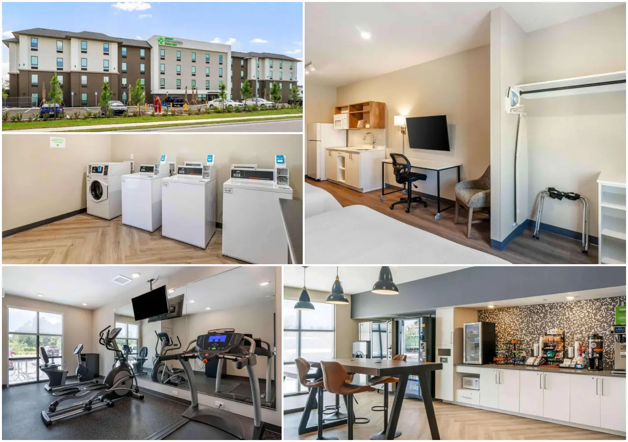 21 Brilliant New Hotels In Florida You’ll Want To Book In 2025 6 Collage of Extended Stay America Premier Suites – Fort Myers – Airport featuring hotel exterior, guest suite, fitness room, and laundry area.