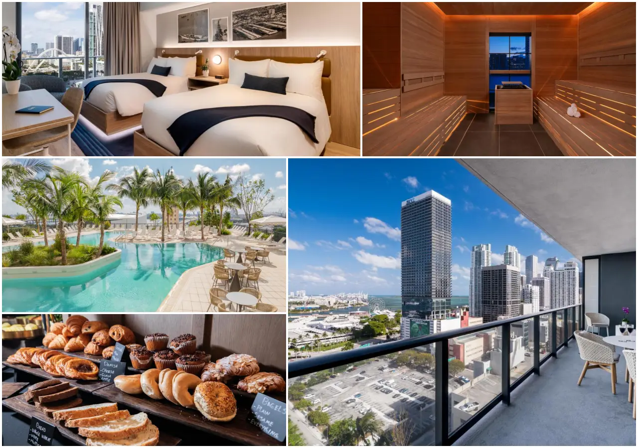 21 Brilliant New Hotels In Florida You’ll Want To Book In 2025 10 Collage of Gale Miami Hotel & Residences showing modern rooms, rooftop pool, spa sauna, city views, and breakfast spread.
