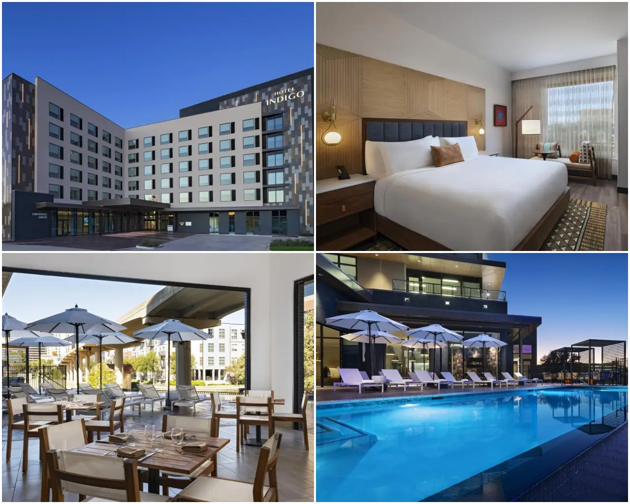 Hotel Indigo Irving-Las Colinas exterior, guest room, dining area, and pool.