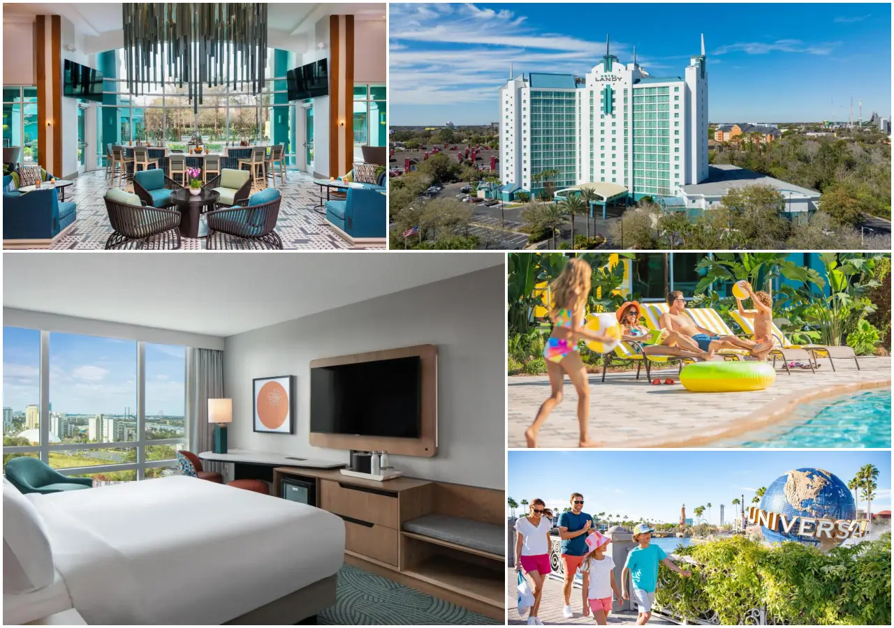 21 Brilliant New Hotels In Florida You’ll Want To Book In 2025 16 Collage of Hotel Landy Orlando featuring the lobby, exterior, guest room, poolside family scene, and Universal Orlando entrance.
