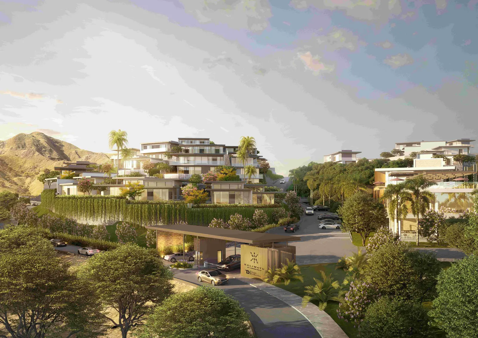 Dusit’s Newest Luxury Retreat Offers Stunning Views In Indonesia 10 A stunning architectural rendering of Kaliwatu Residences – Dusit Collection, a luxury retreat in Labuan Bajo, Indonesia, surrounded by lush greenery and hills.