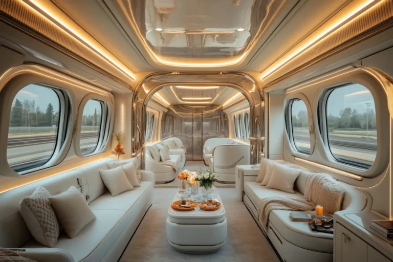 Luxury Travel 19 Luxurious interior of a modern high-end train suite with elegant seating and ambient lighting