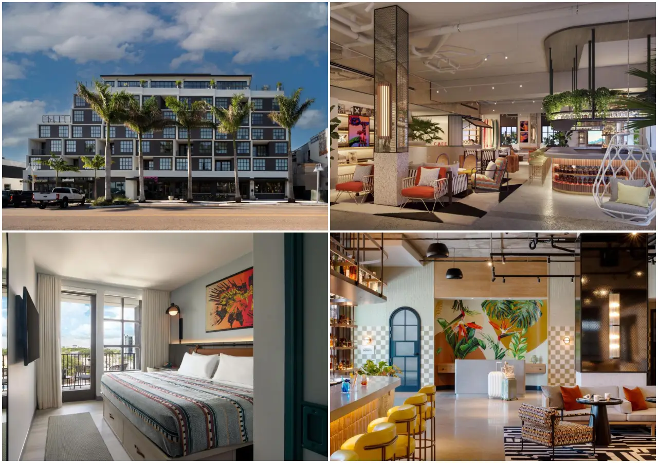 21 Brilliant New Hotels In Florida You’ll Want To Book In 2025 23 Modern guest rooms, vibrant common areas, and a stylish bar at Moxy St. Petersburg Downtown hotel in Florida.