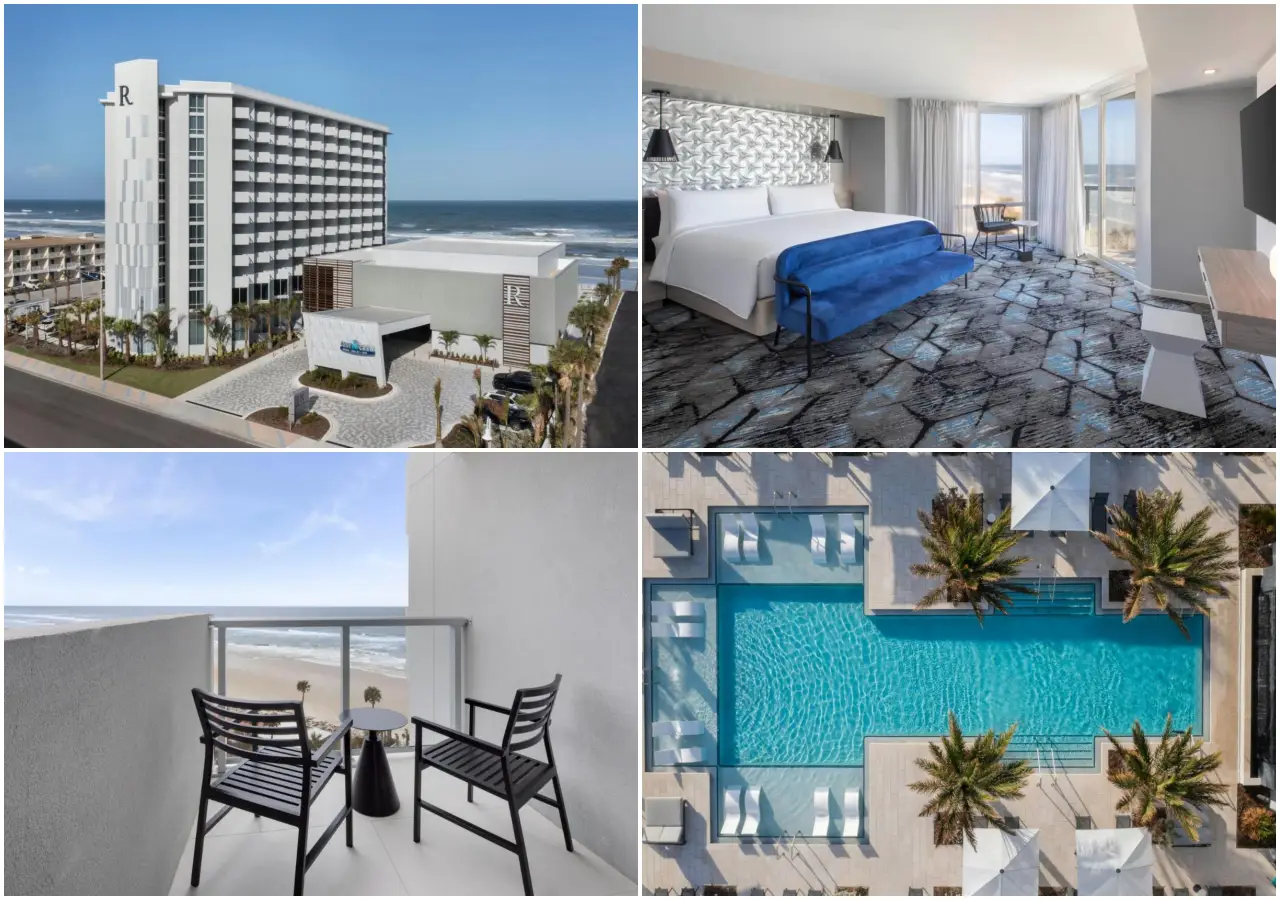 21 Brilliant New Hotels In Florida You’ll Want To Book In 2025 5 Collage of Renaissance Daytona Beach Oceanfront Hotel featuring ocean views, modern guest rooms, a stylish pool, and beachfront balconies.