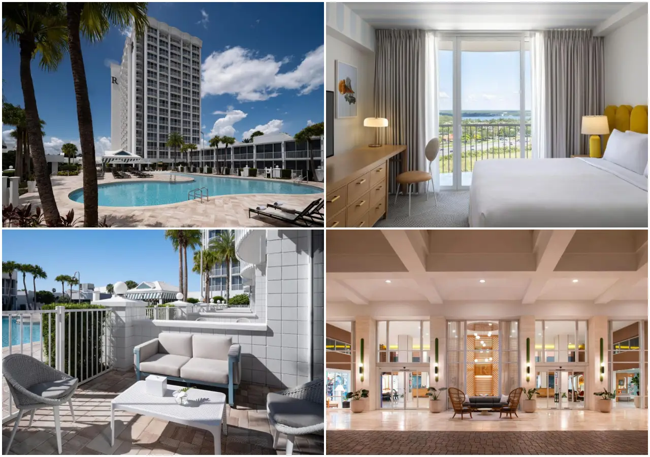 21 Brilliant New Hotels In Florida You’ll Want To Book In 2025 15 Collage of Renaissance Orlando Resort and Spa featuring the outdoor pool, guest room, private patio seating, and grand hotel lobby.