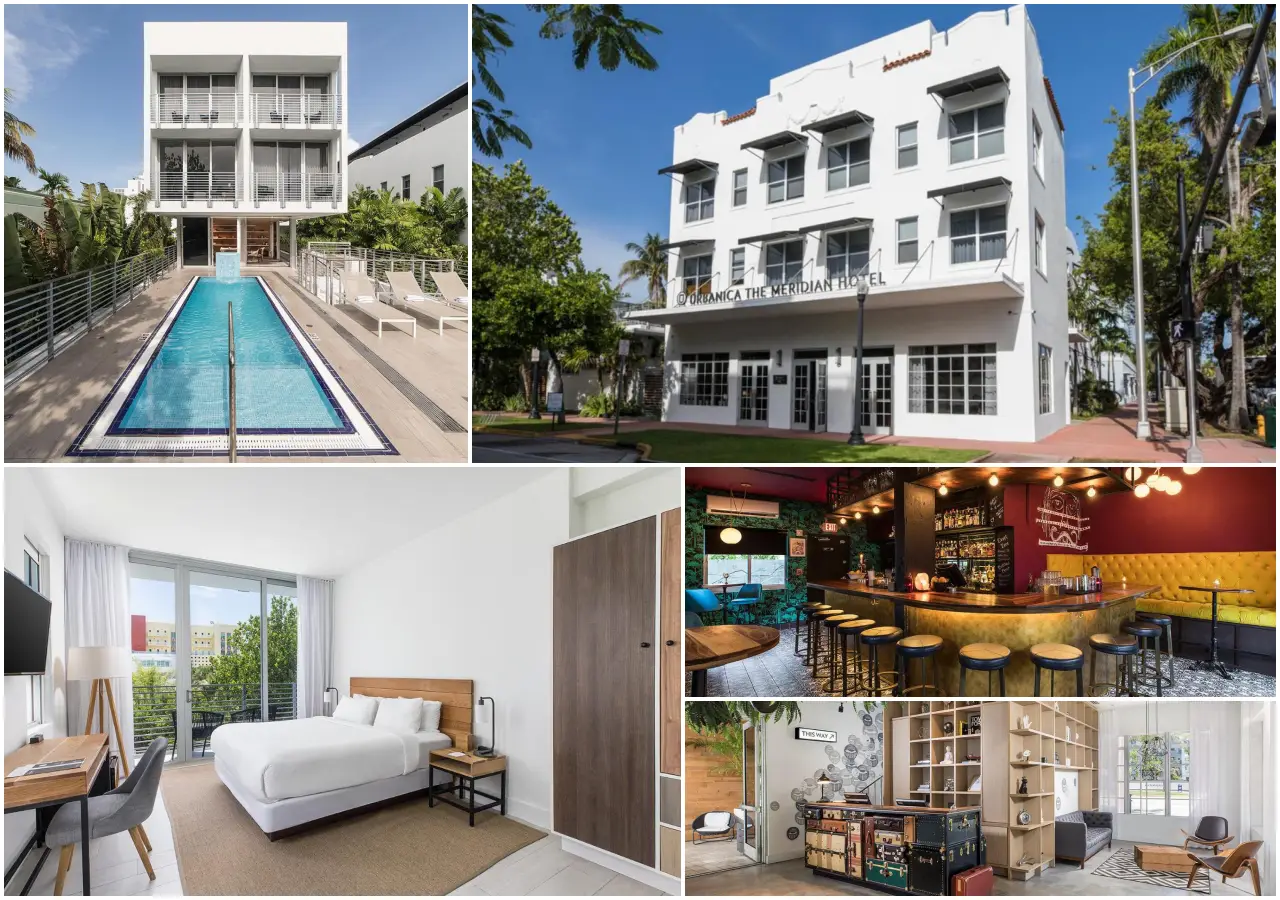 21 Brilliant New Hotels In Florida You’ll Want To Book In 2025 12 Collage of The Meridian Miami Beach by Kasa, featuring plunge pool, modern guest room, chic cocktail bar, and the hotel’s white façade.