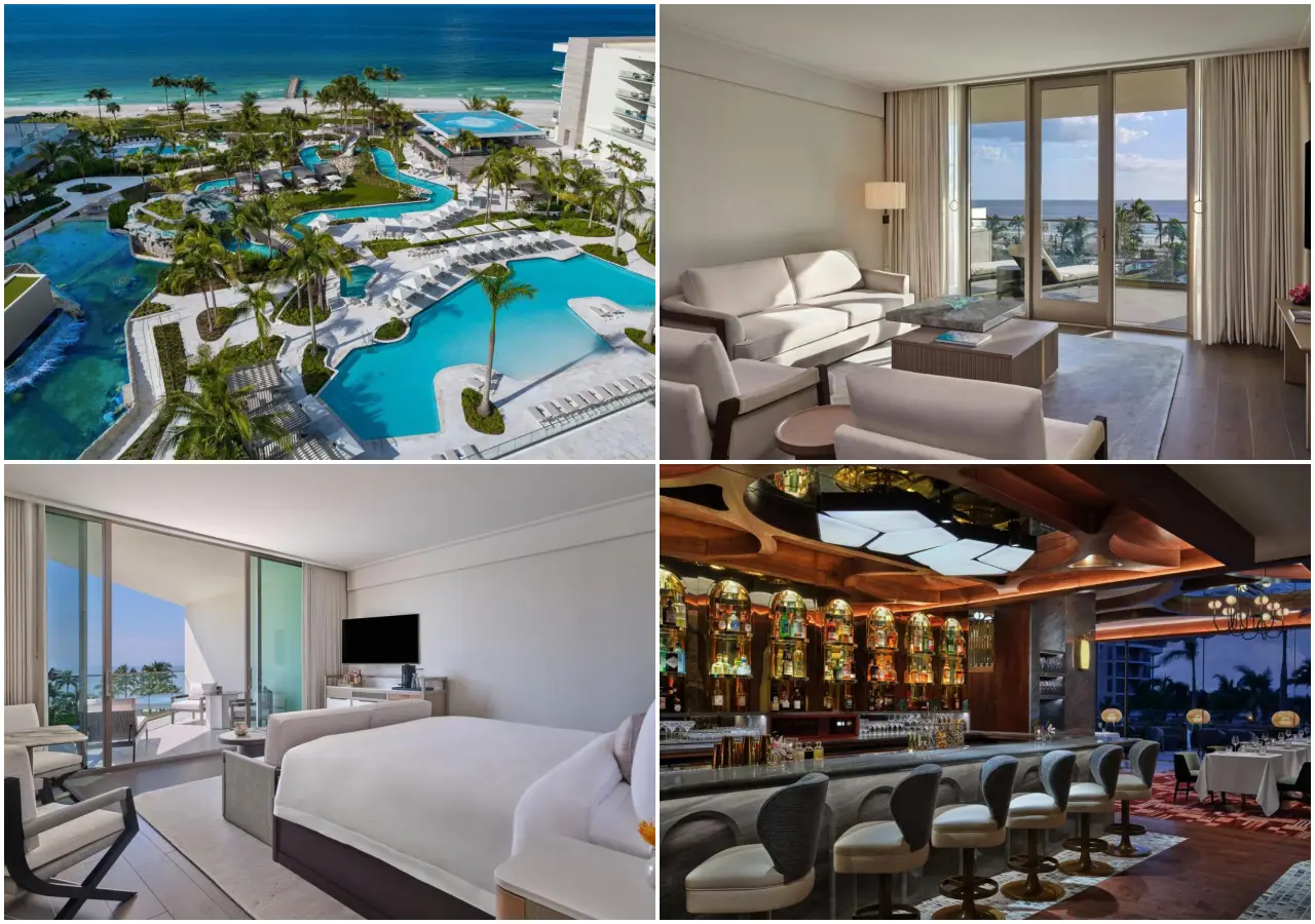 21 Brilliant New Hotels In Florida You’ll Want To Book In 2025 8 Collage of The St. Regis Longboat Key Resort featuring a beachfront pool complex, elegant guest suites with ocean views, and a luxurious cocktail bar.