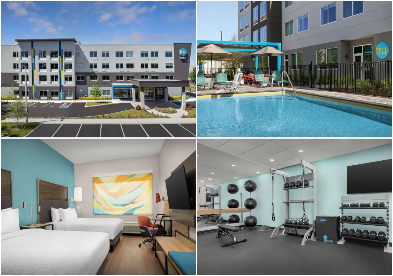 21 Brilliant New Hotels In Florida You’ll Want To Book In 2025 7 Collage of Tru by Hilton Jacksonville West featuring the hotel exterior, outdoor pool, guest room with two beds, and a modern fitness center.