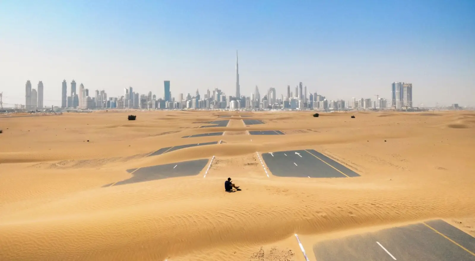 Abandoned roads covered by desert sand with Dubai’s skyline, including Burj Khalifa, in the background.