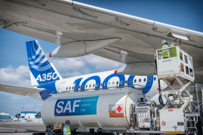 Airbus A350 aircraft being refueled with Sustainable Aviation Fuel (SAF)