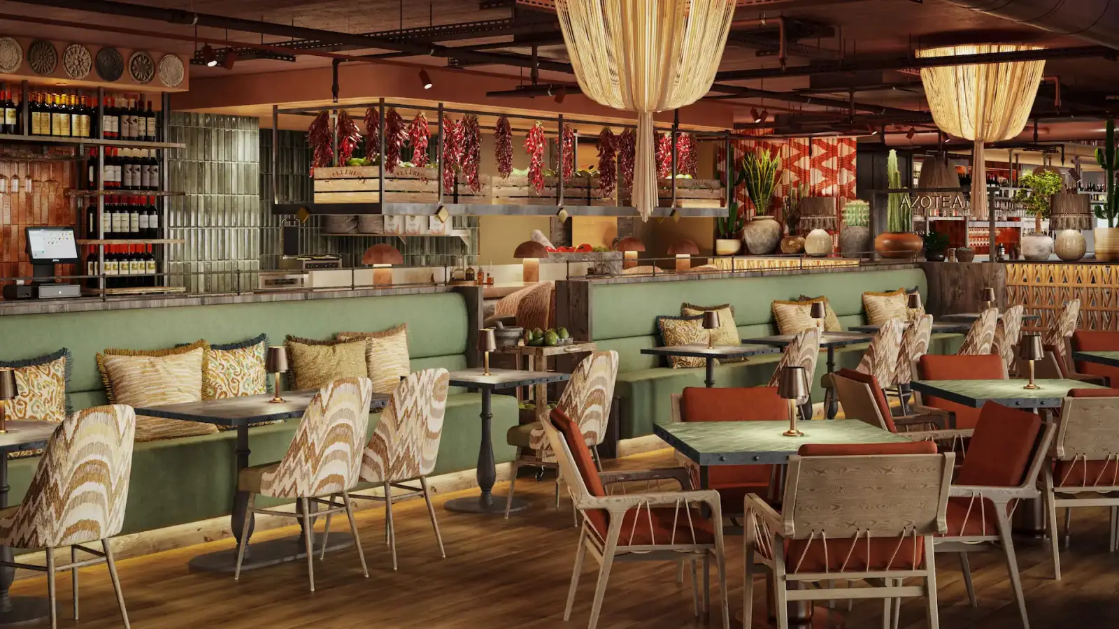 Interior of Azotea, a stylish rooftop restaurant and bar at Hyatt Place Leeds, featuring warm lighting, earthy tones, and Latin American-inspired decor.