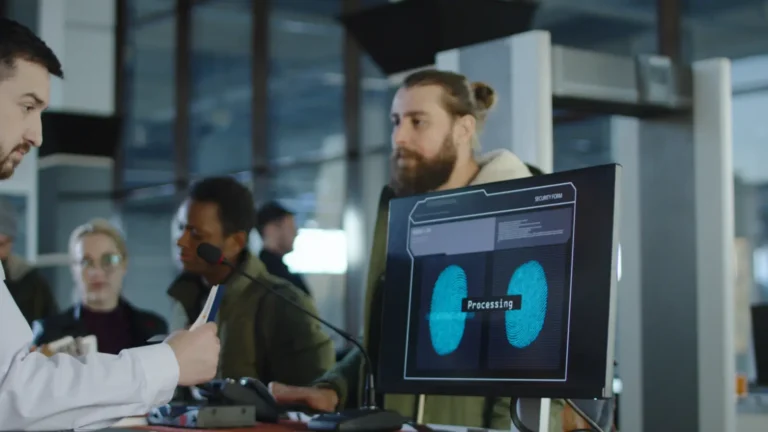 A traveler undergoes biometric fingerprint scanning at an airport security checkpoint.