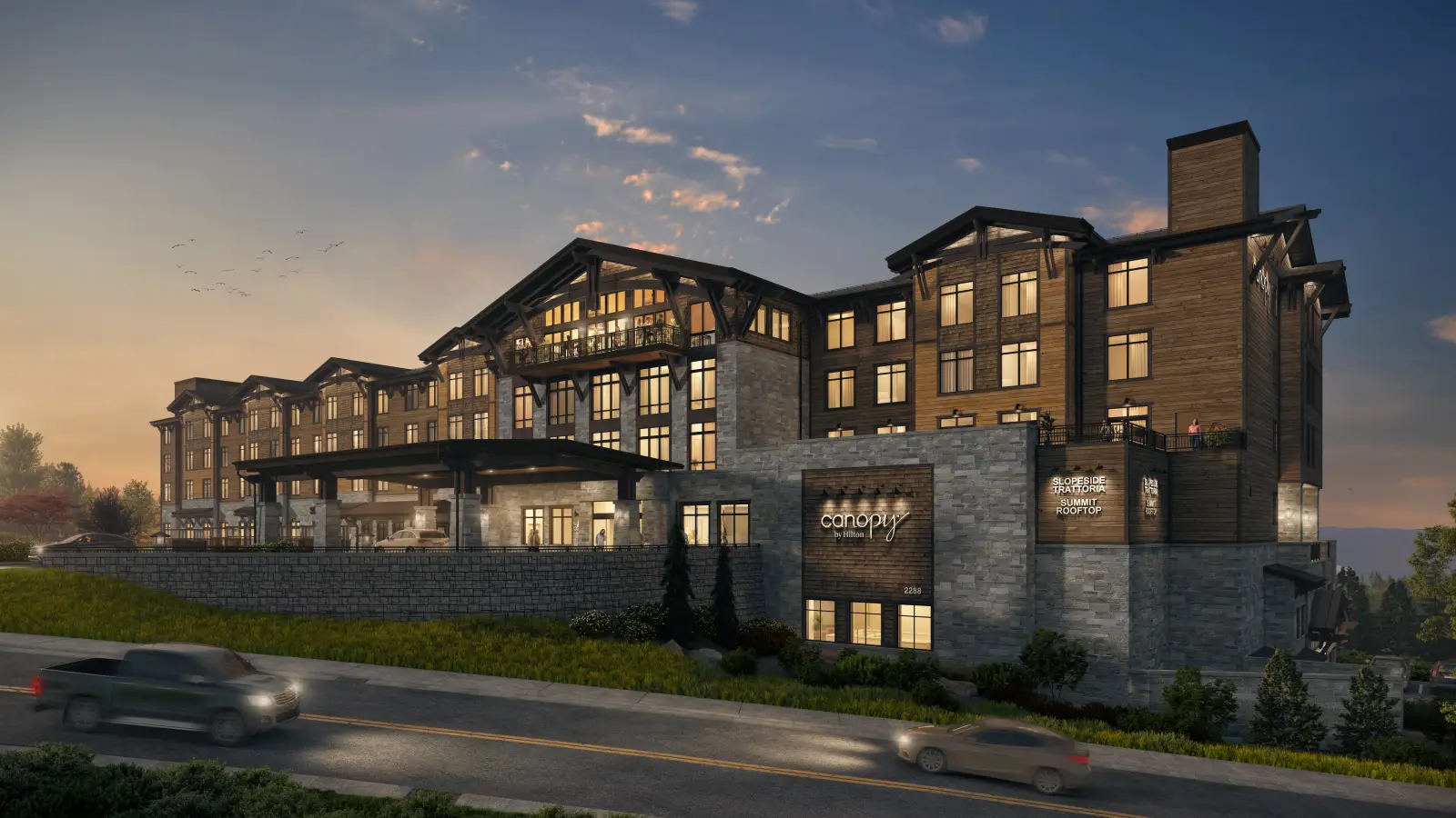 Architectural rendering of Canopy by Hilton at Deer Valley, showcasing a modern alpine-style hotel with warm lighting, wooden accents, and a stone foundation.