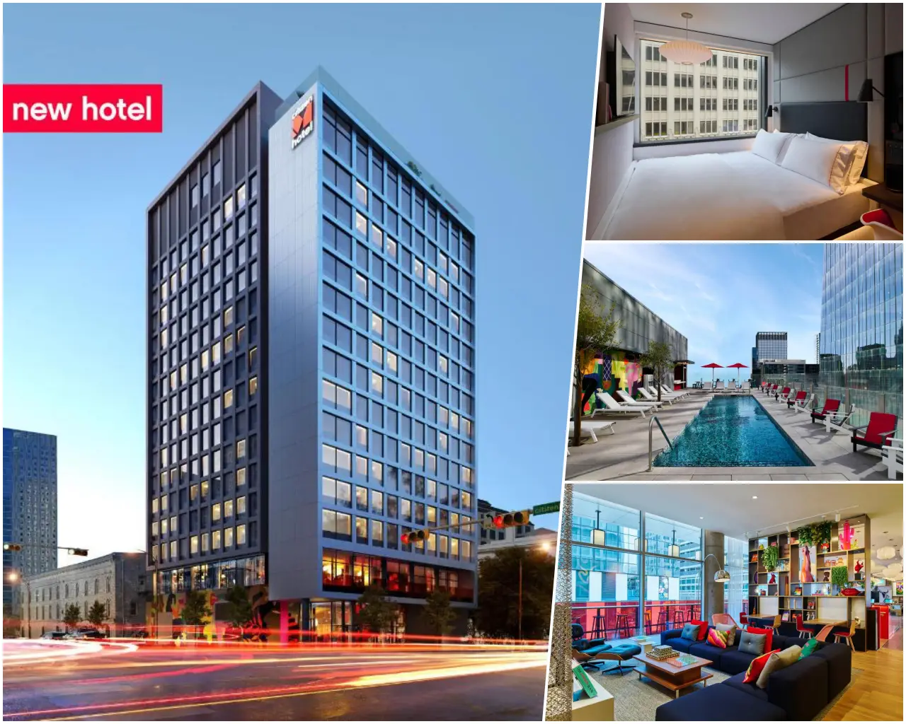 CitizenM Austin Downtown hotel exterior and interior highlights.