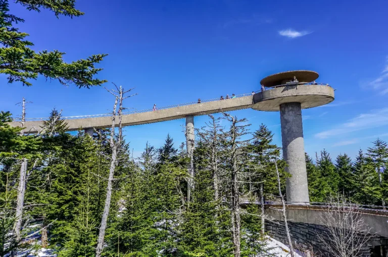 Clingmans Dome Observation Tower in Great Smoky Mountains National Park with a scenic ramp and visitors enjoying panoramic views under a clear blue sky.