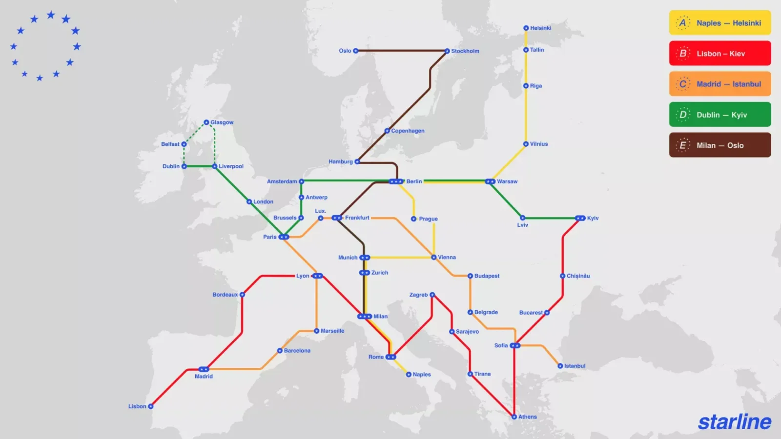 Could this new train network replace flights in Europe? 3 Starline high -speed railway network map that connects 39 European cities