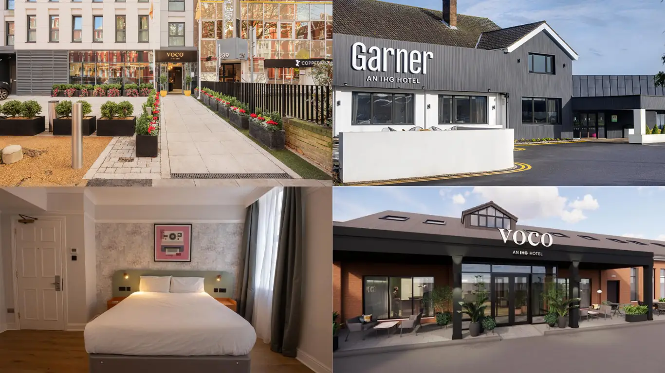 A collage of IHG Hotels & Resorts properties in the UK and Ireland, featuring voco and Garner hotels, highlighting the brand’s latest expansion.