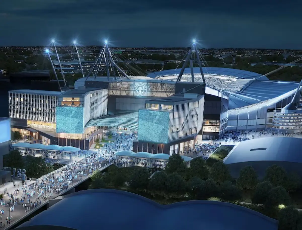 A digital rendering of Manchester City’s upcoming ‘The Medlock’ hotel and entertainment complex at Etihad Stadium, set to open in 2026.