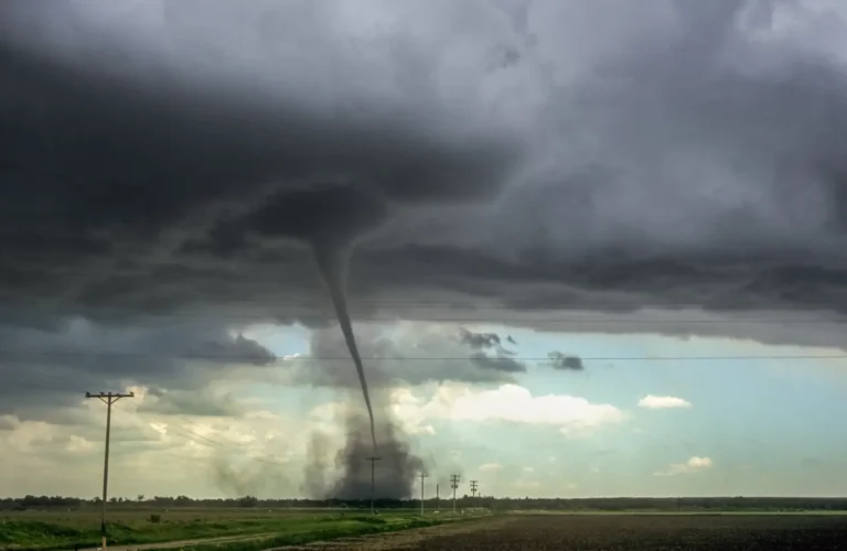 A strong tornado touches down in a rural area under dark, rotating storm clouds.