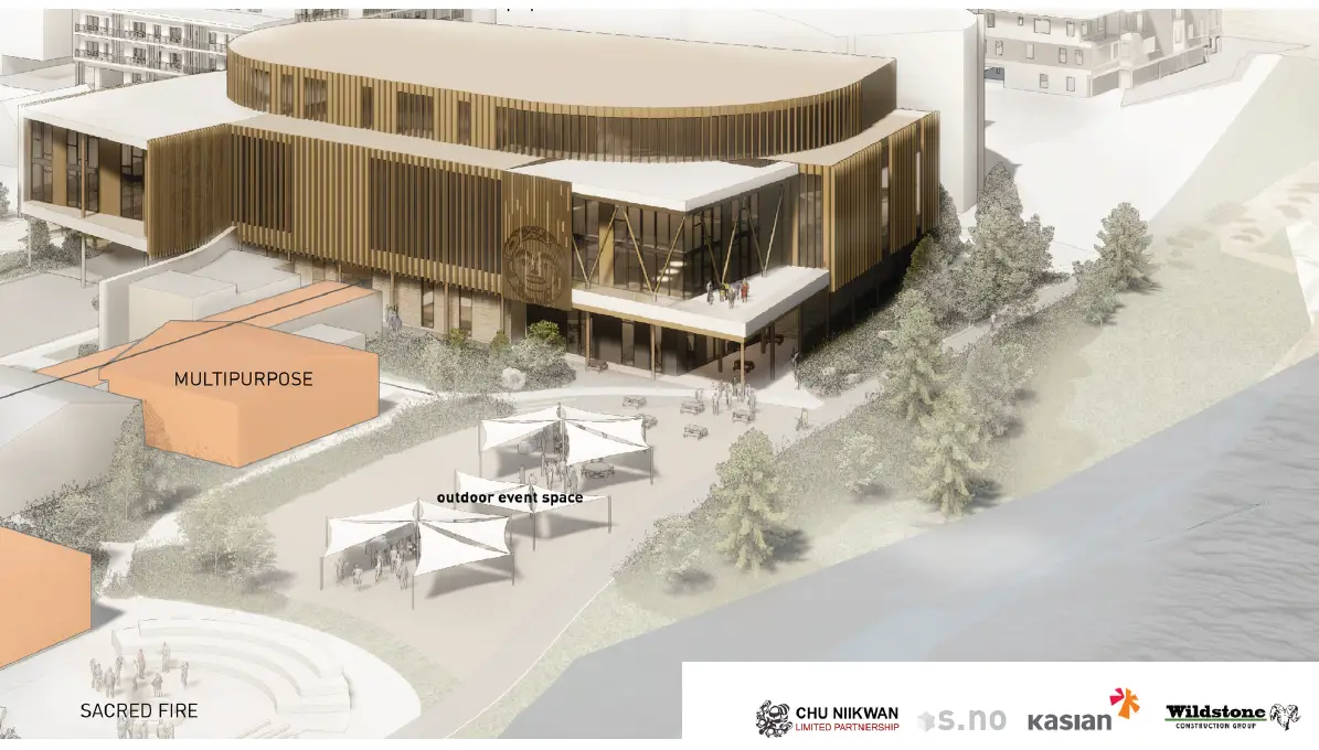 Architectural rendering of the Yukon Gathering Place convention centre in Whitehorse, showing outdoor event space near the riverfront.