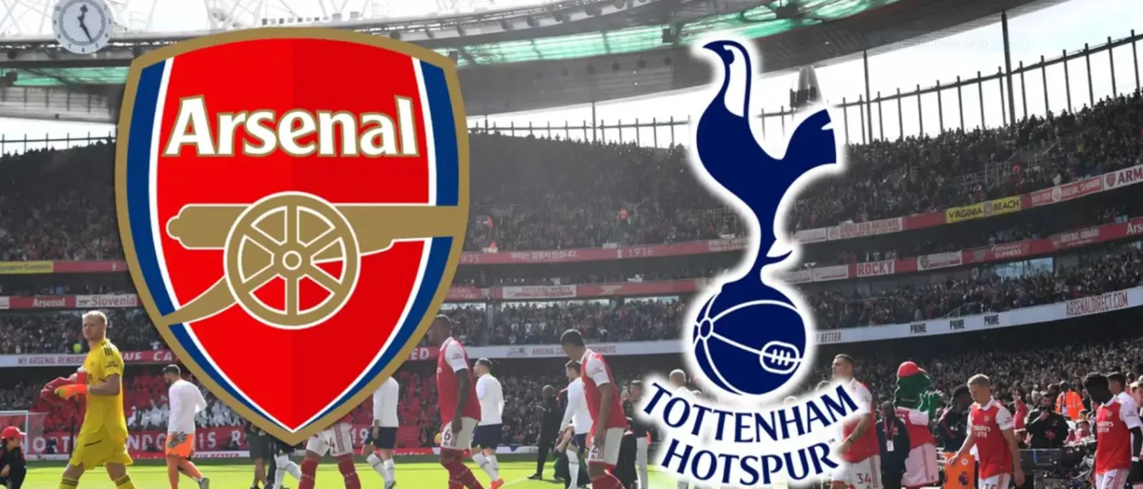 Arsenal and Tottenham Hotspur logos overlaid on a stadium background with players on the pitch before a match.