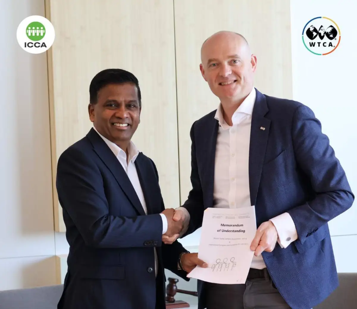 Icca And Wtca Join Forces To Advance Global Meetings Industry 8 ICCA CEO Dr. Senthil Gopinath and WTCA Executive Director Robin van Puyenbroeck shake hands after signing a memorandum of understanding.