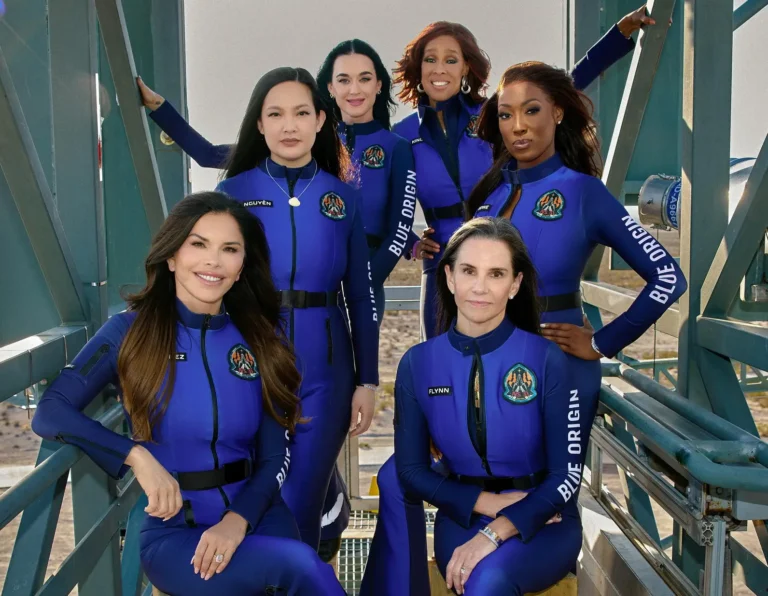 Luxury Travel 30 All-women Blue Origin space crew including Katy Perry, Lauren Sánchez, Gayle King, Amanda Nguyen, Aisha Bowe, and Kerianne Flynn in blue flight suits.