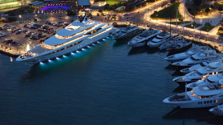 Luxury Travel 27 Luxury superyachts docked at night in a D-Marin marina with glowing underwater lights
