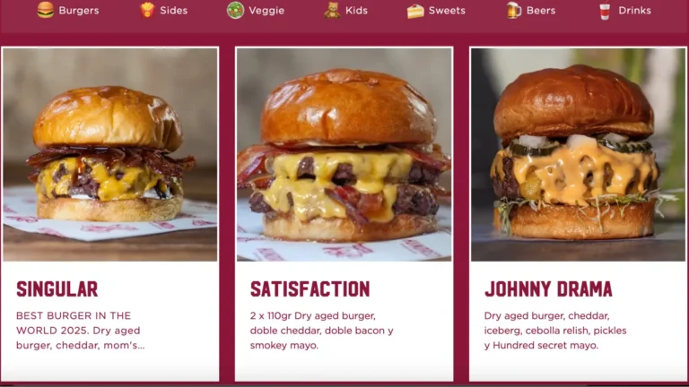 Three gourmet burgers from Hundred Burgers in Valencia, including the award-winning Singular burger, the world's best burger in 2025