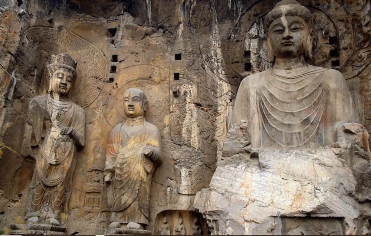 Ancient Buddhist stone carvings at the Longmen Grottoes in Luoyang, China