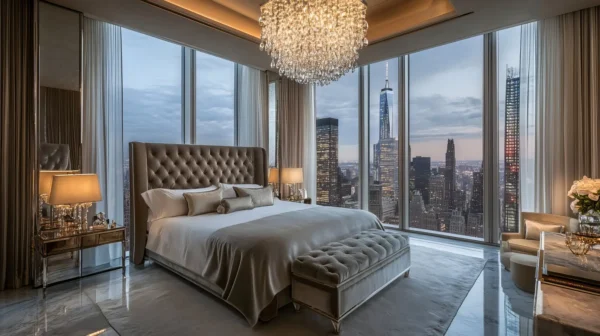 Luxury bedroom with chandelier and floor-to-ceiling windows overlooking the New York City skyline