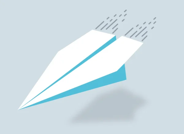 Paper airplane illustration flying downward with motion lines, symbolizing a crash or descent.