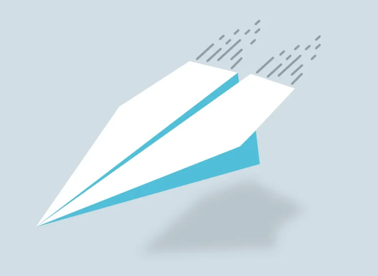 Paper airplane illustration flying downward with motion lines, symbolizing a crash or descent.