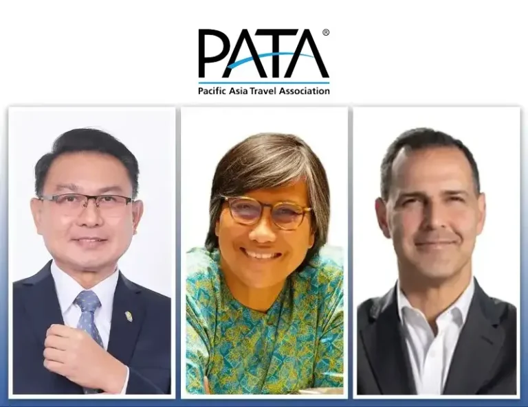 Portraits of the three newly appointed PATA Executive Board members for 2025, with the PATA logo above them.