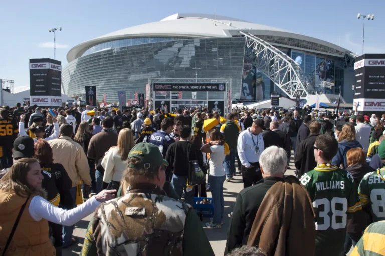 Super Bowl fans gathering outside AT&T Stadium in Texas on game day