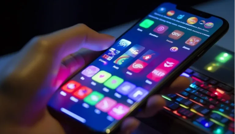 Other News 9 Person holding a smartphone with colorful travel and gaming apps open, next to a glowing RGB keyboard in a dark room