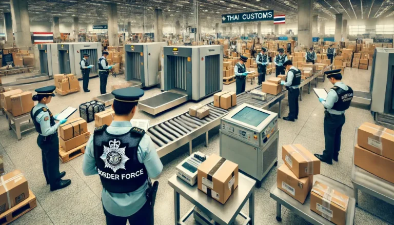 UK Border Force and Thai Customs officers inspect international mail at an airport customs area, surrounded by parcels, scanners, and x-ray machines.