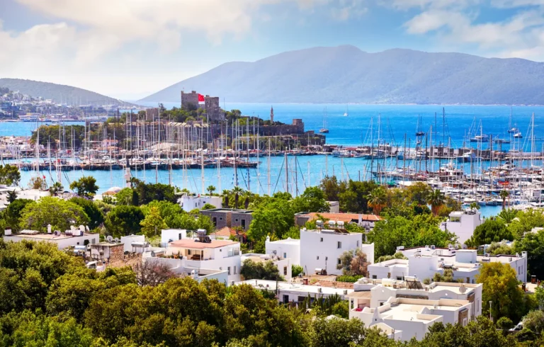 Bodrum summer travel view with marina and historic castle