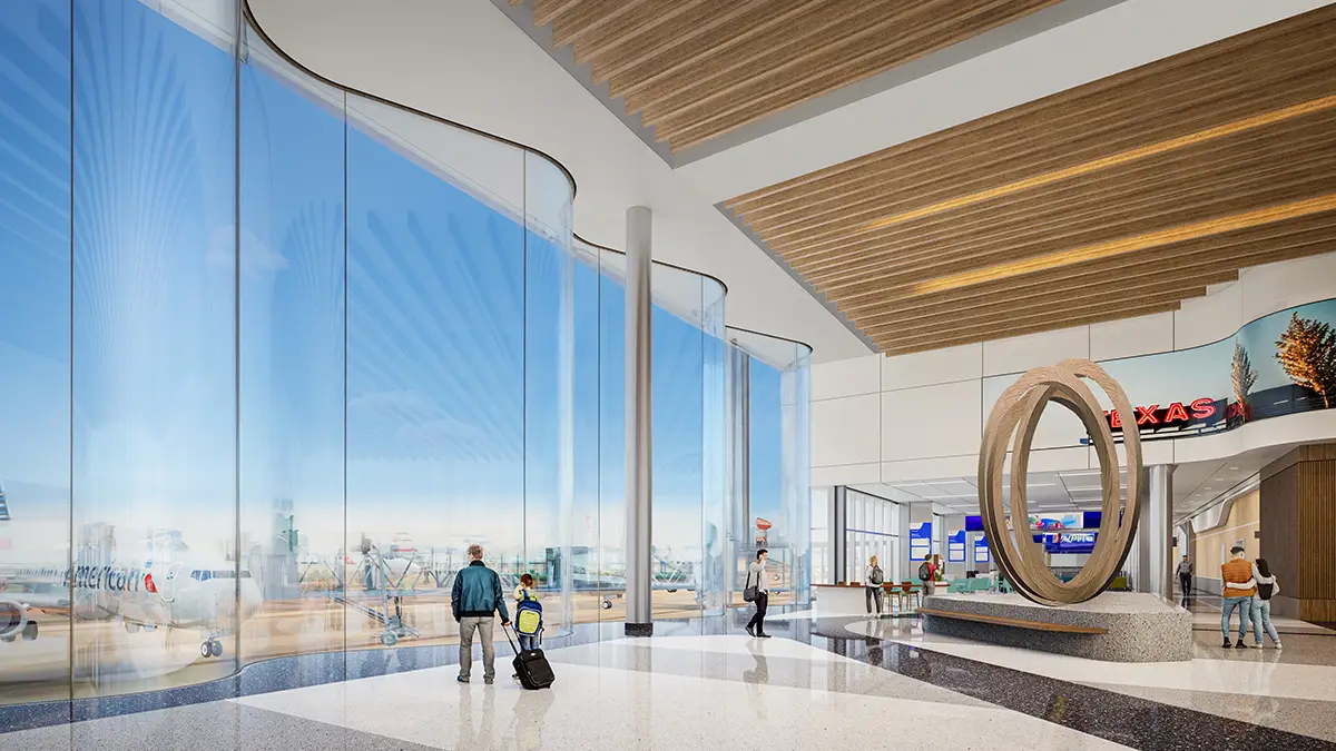 Rendering of the future Terminal F interior at DFW Airport with large glass windows, travelers, and modern architectural design.