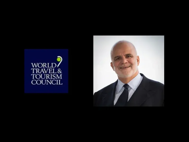 Portrait of Manfredi Lefebvre next to the World Travel & Tourism Council logo on a black background